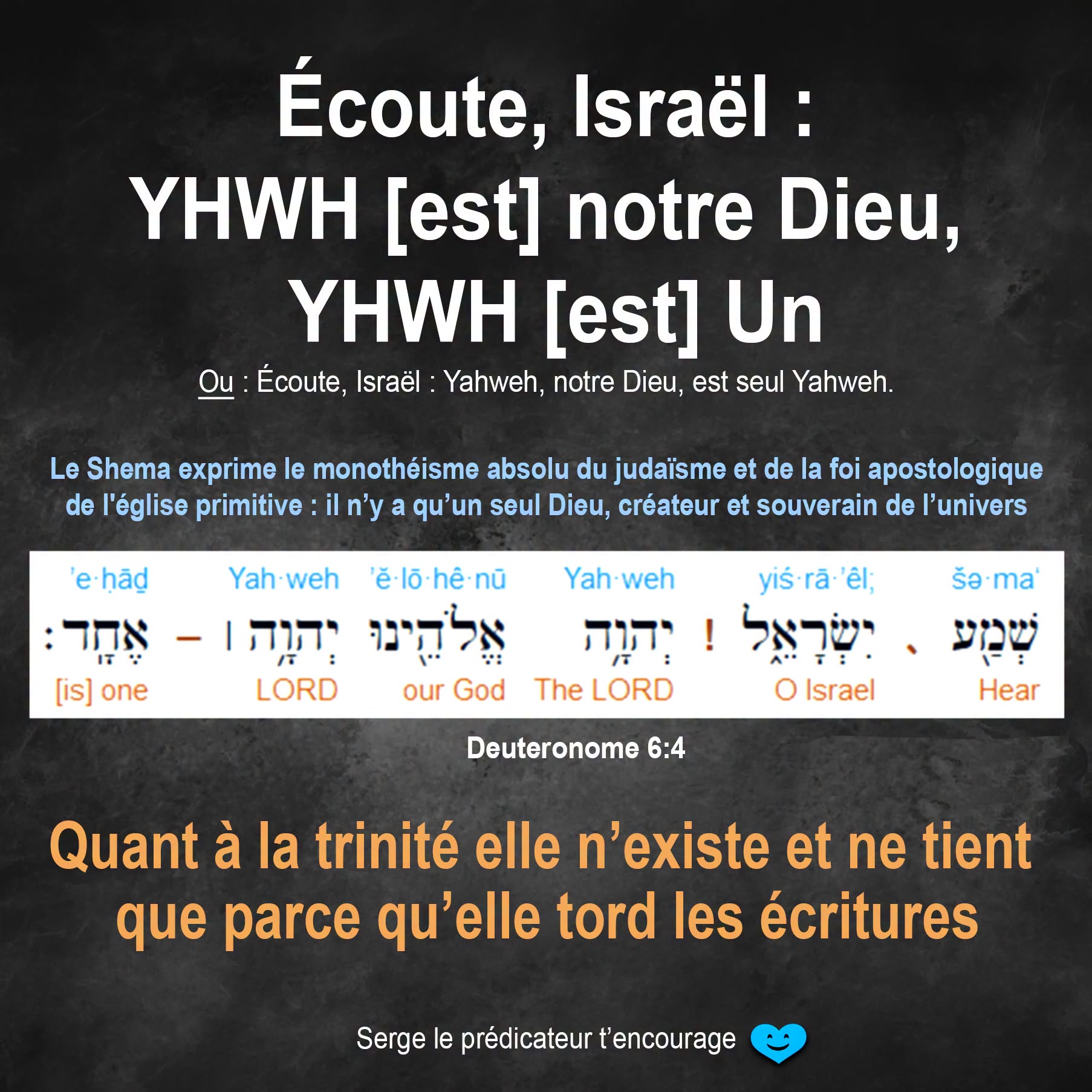 Le Shema Israël : Fondement du Monothéisme Biblique et de la Foi Apostolique de l'Église Primitive