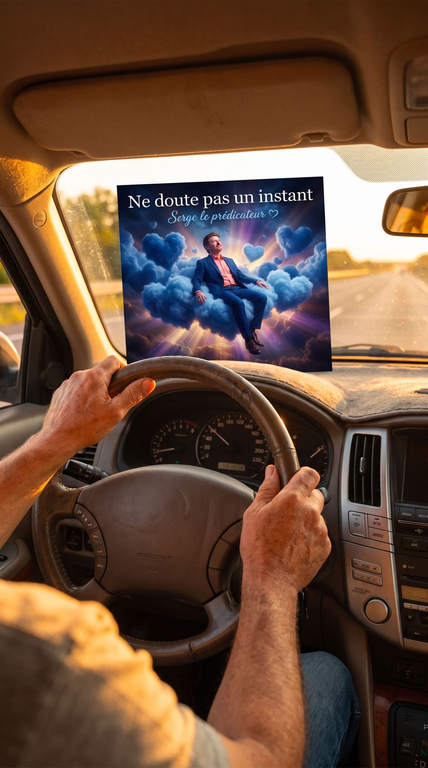 Homme conduisant avec une affiche inspirante.
