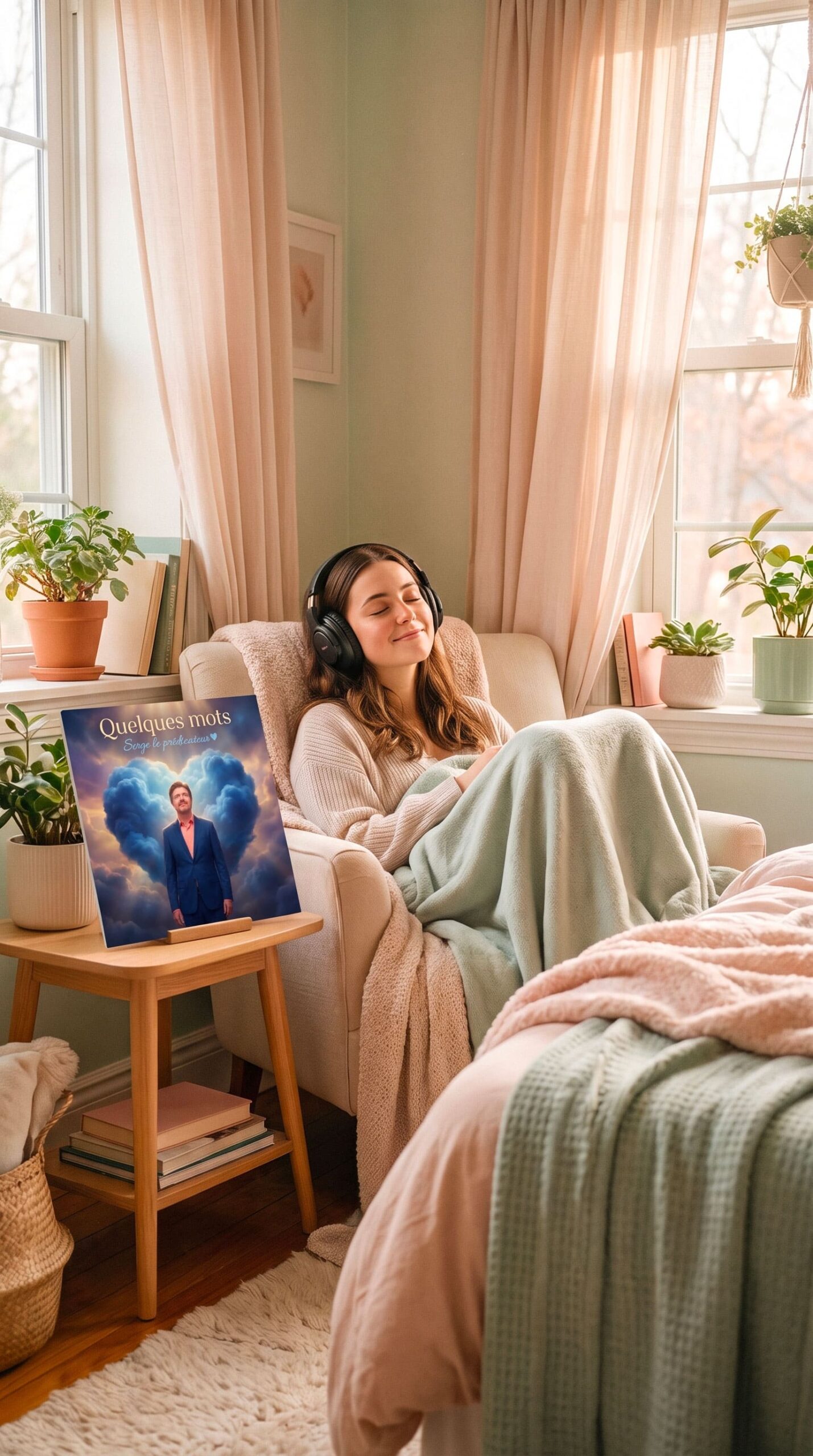 Femme détendue écoutant de la musique.