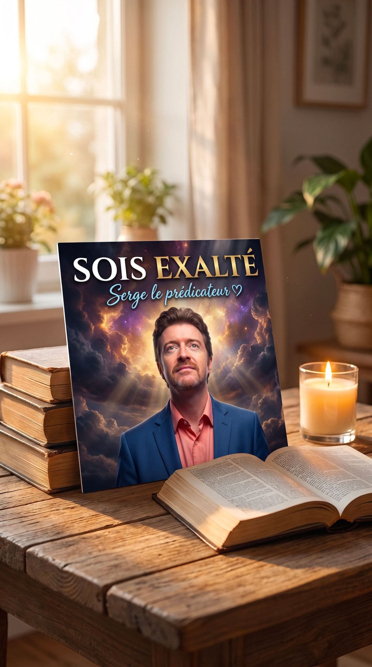 Homme souriant, livre, lumière douce.